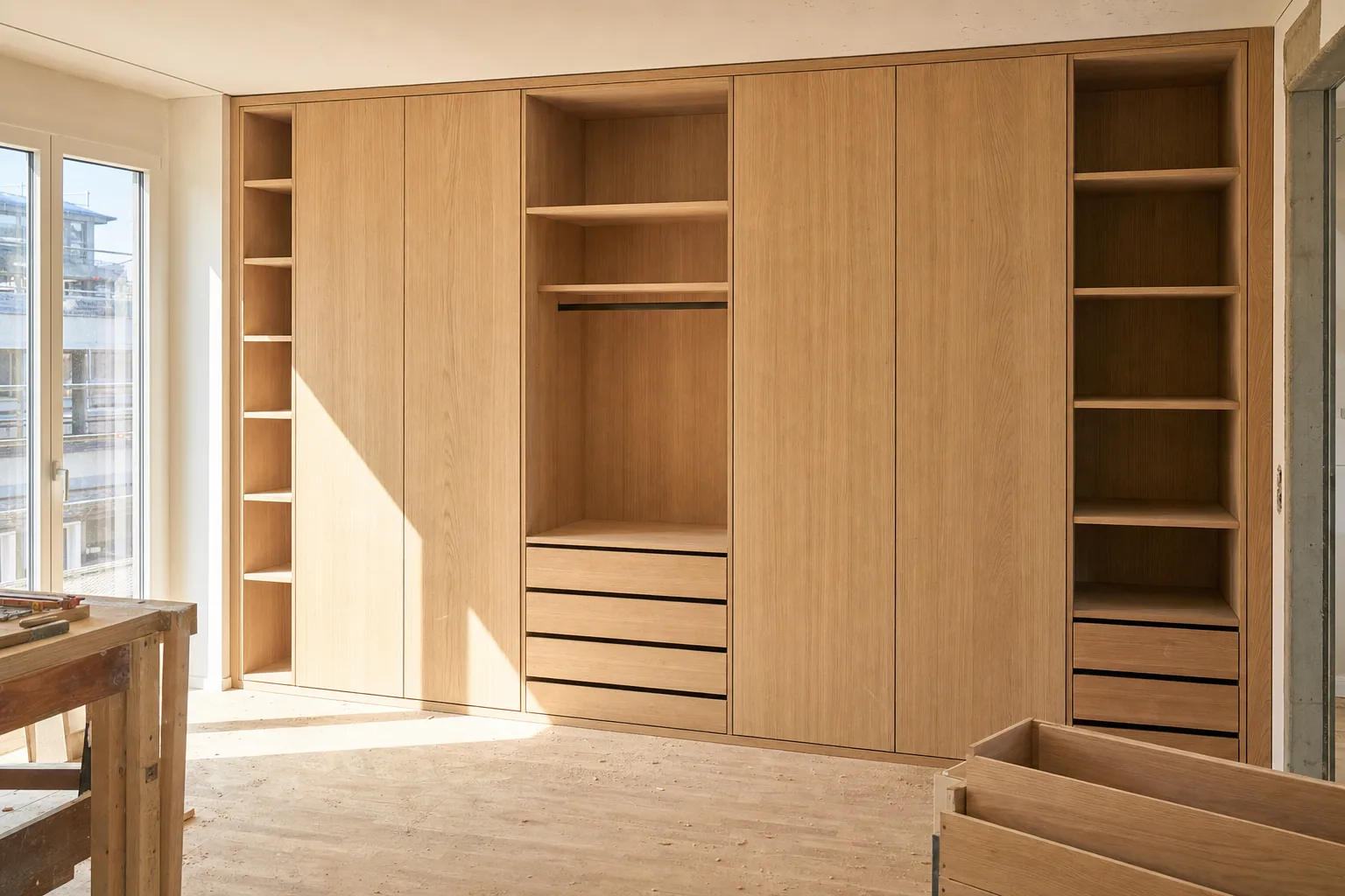 Fertiger Einbauschrank in heller Eiche in einem hellen Zimmer