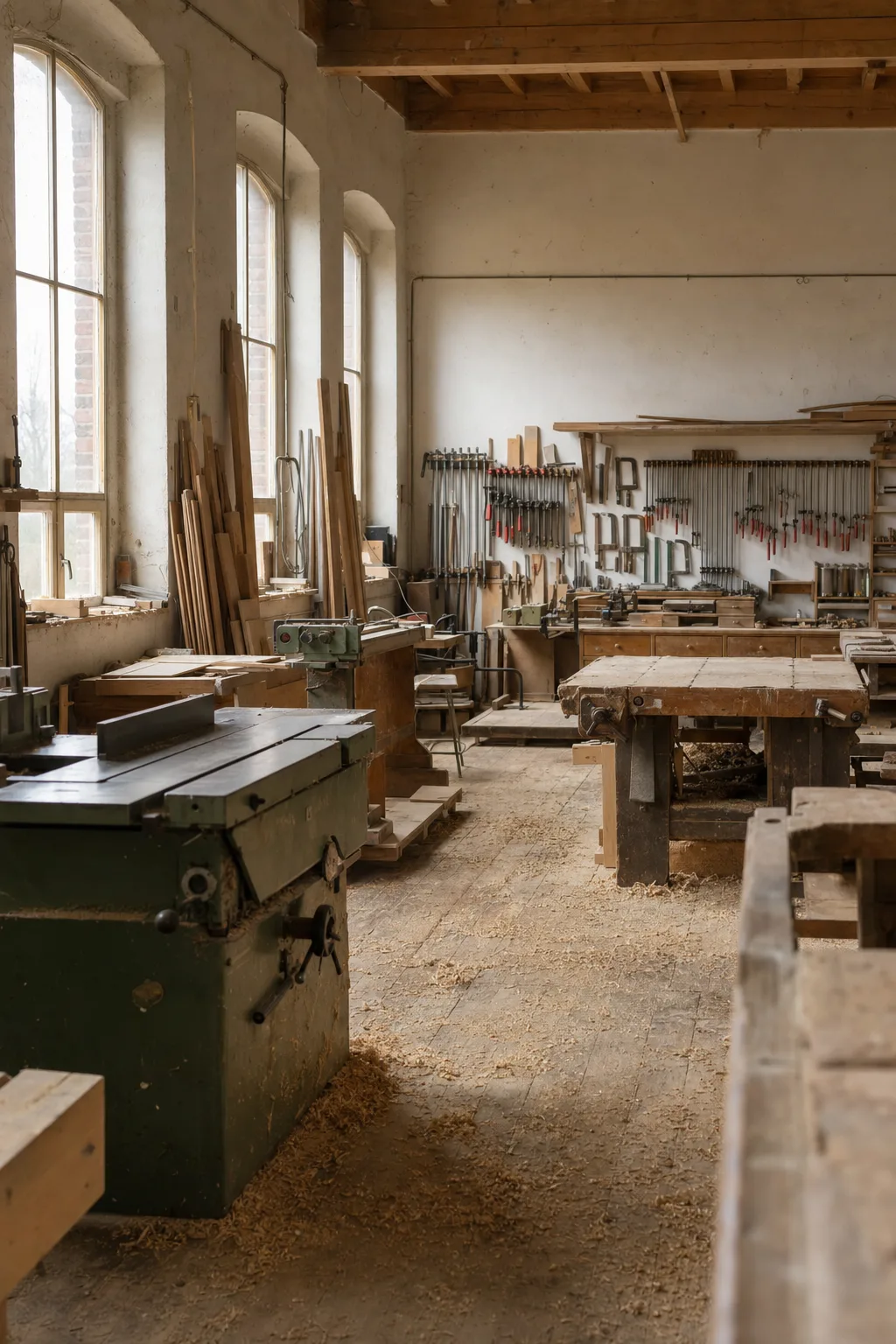 Die leere Werkstatt mit Maschinen, Hobelbank und Spannzwingen an der Wand